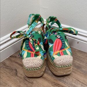 Farm Rio - Green Forest Bead Embellished Platform Espadrilles - Size 9